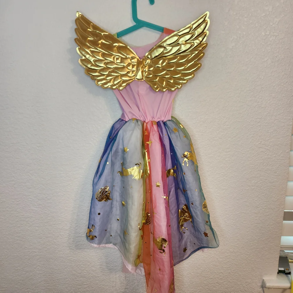 Kids Rainbow Gold Wing Fairy Costume unicorn princess 4 5